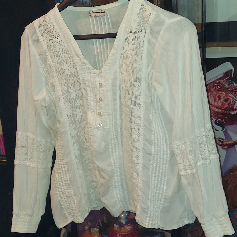 XL White Casual Crochet-Trim Women's Blouse by Caamana